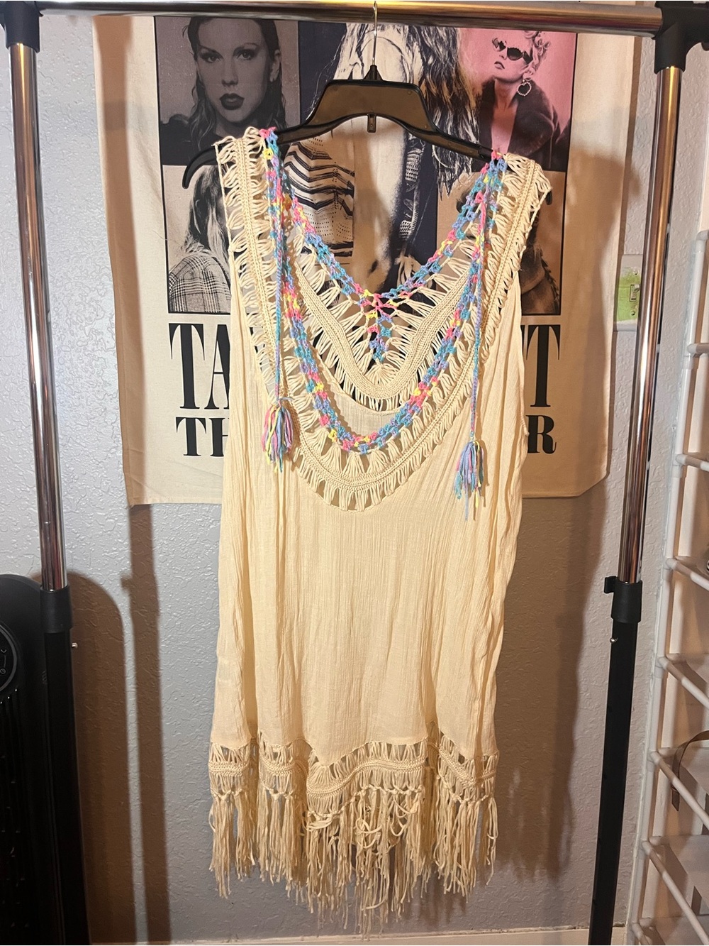 SHEIN Cream Fringe Crochet Boho Sleeveless Cover Up Women’s Large - Picture 2 of 5